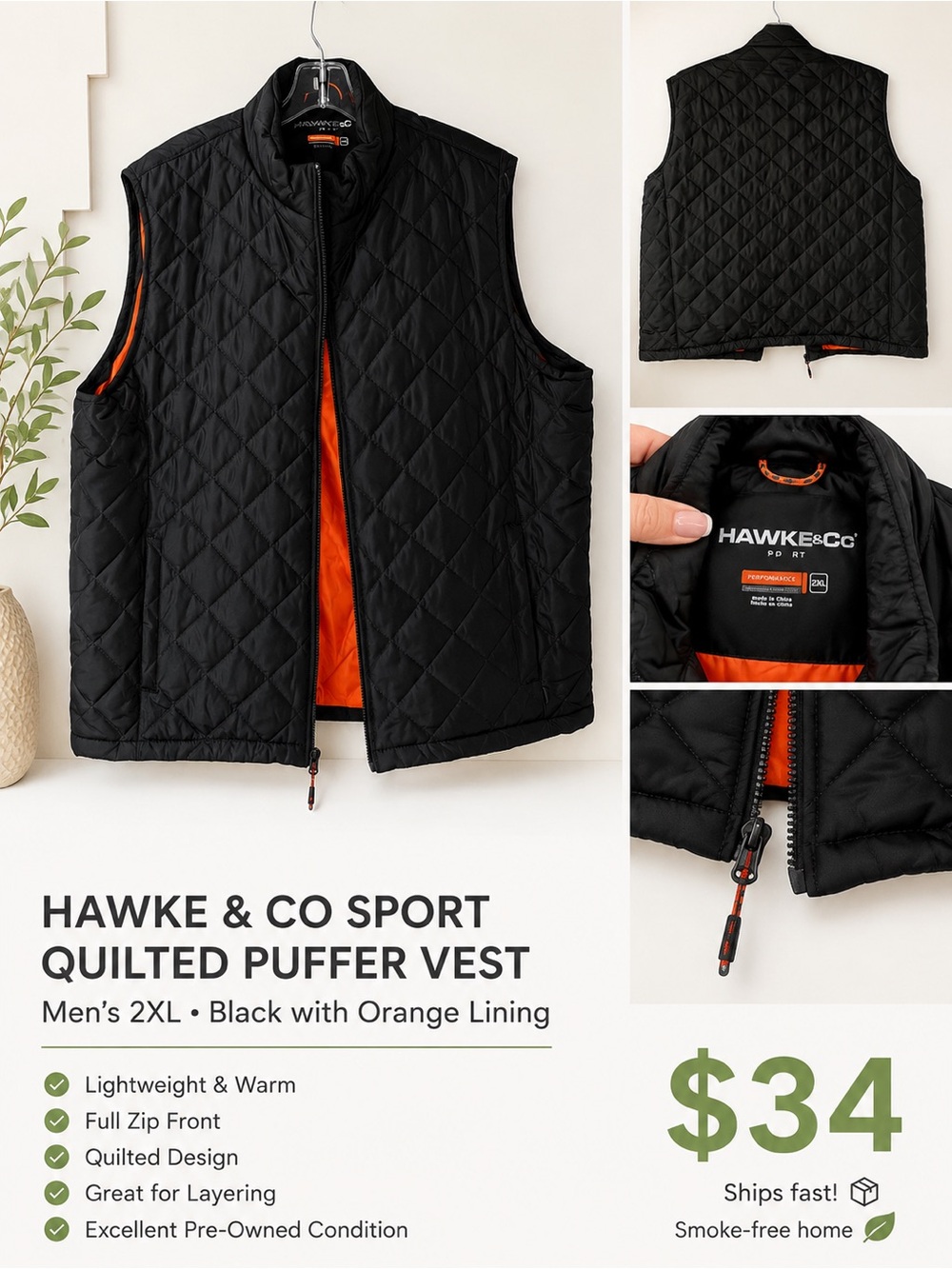 Hawke & Co Black Quilted Puffer Vest with Orange Lining